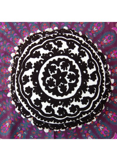 Round Mandala Embroidered Cushion Cover, Suzani Indian Pillow Cases
