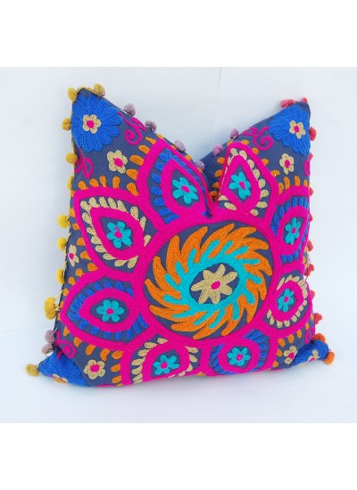 Decorative Indian Suzani Handmade Pom Pom Uzbek Embroidered Cushion Cover 