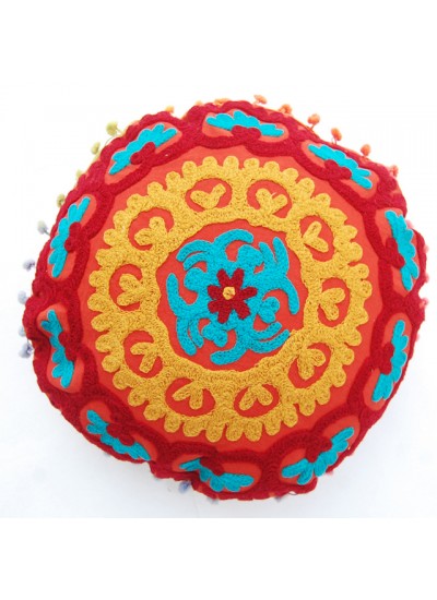 Woolen Embroidered Round Cushion Cover, Indian Suzani Pillow Cases
