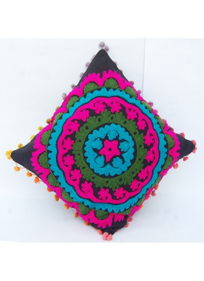 Pom Pom Uzbek Decorative Pillow Cases Handmade Suzani Embroidery Cushion Cover 