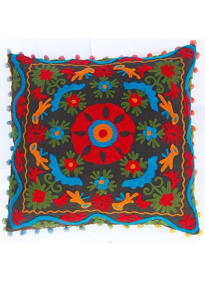 Embroidered Pillow Cases Handmade Floral Printed Cushion Cover Pom Pom Uzbek 