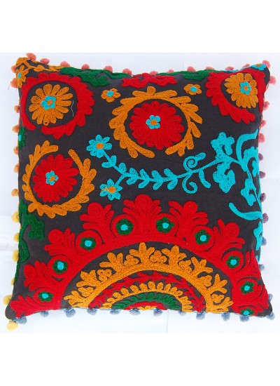 Indian Cotton Suzani Handmade Floral Printed Embroidered Cushion Cover