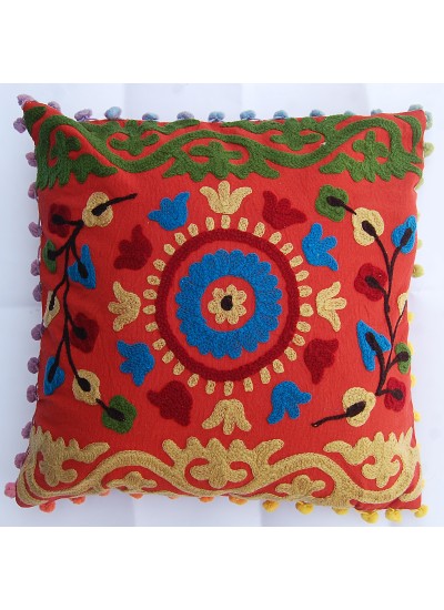 Indian Handmade Pillow cases floral Printed Pom Pom Suzani Embroidered Cushion Cover